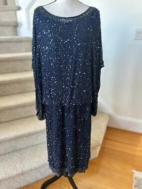 Patra Navy Beaded Silk Draped Scoop Neck Cocktail Dress